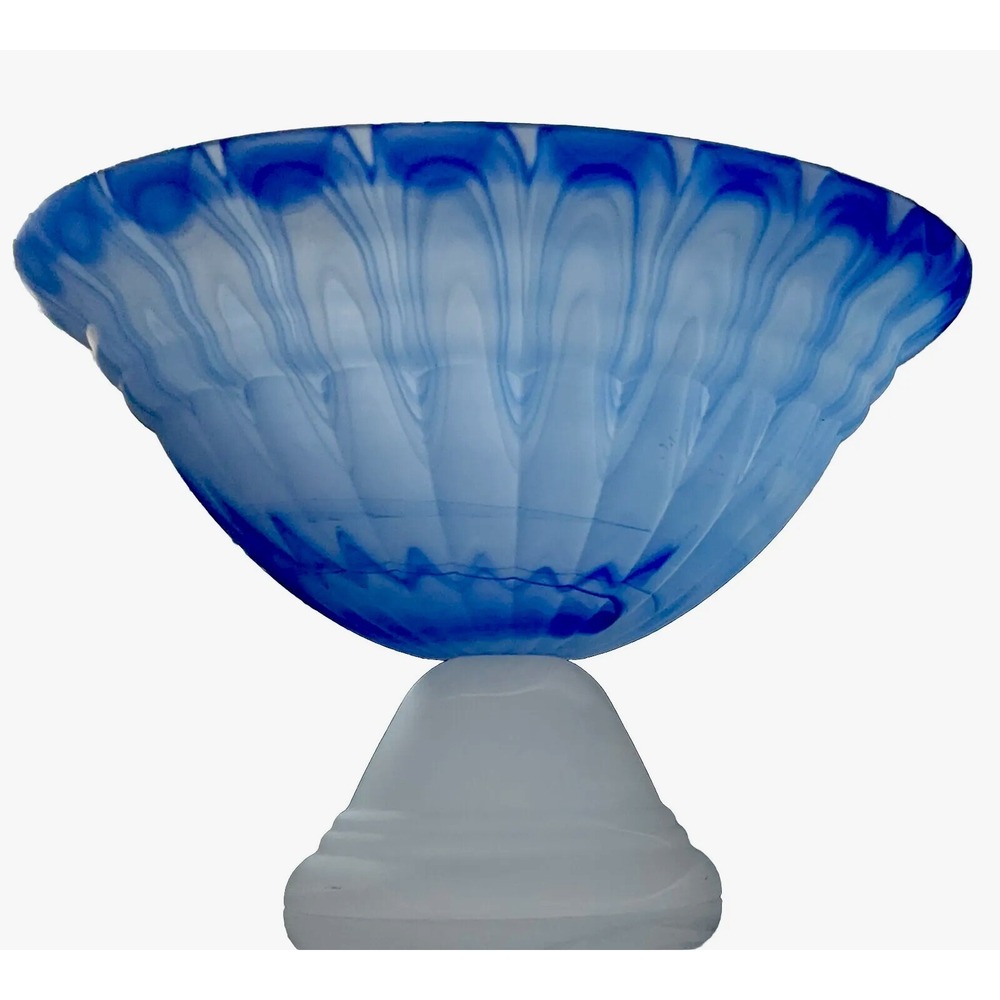 Murano Style Blue Frosted Swirl Glass With White Pedestal Bowl VERY LARGE